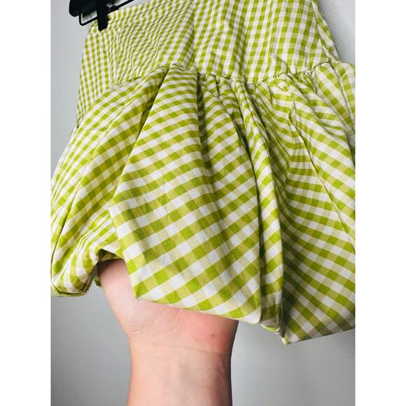 NWT CAROLINE CONSTAS Green White Gingham Checkered Reina Bubble Mini Skirt XS - Picture 6 of 12